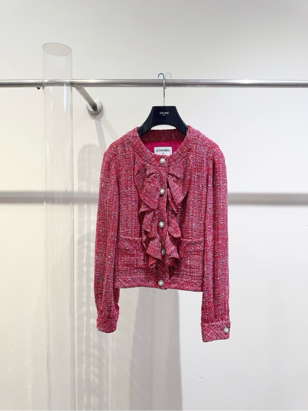 CHANEL Hot Pink Multicolor Tweed Pearl Button Jacket